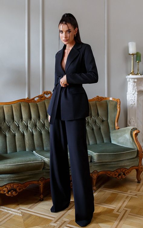 Black Belted Wide-Leg Suit 2-Piece – ELAGIA Pant Suits For Women Navy Blue, Rainbow Suit Women, Dark Blue Business Outfit, Women Pants Suit Photoshoot, Silk Pantsuits For Women, All Red Outfit Casual, Woman Suit Prom Outfit, Businesswear Aesthetic, Blue Business Suit Women