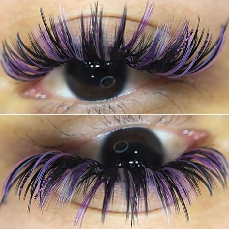 Pink And Blue Lash Extensions, Colored Lash Extensions Halloween, Fun Lash Extensions, Lash Extensions Styles With Color, Purple Eyelash Extensions, Purple Lash Extensions, Eyelash Extensions With Color, Blue Lash Extensions, Coloured Lash Extensions