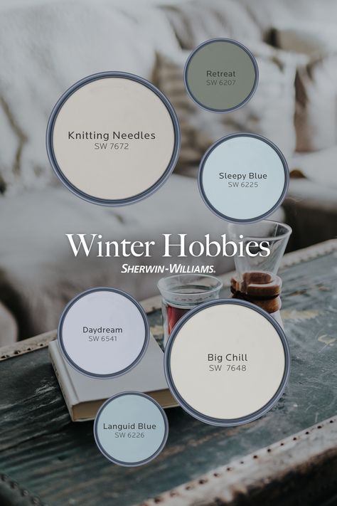 There's no place like home this winter thanks to hobby-inspired paint colors from Sherwin-Williams. Try hues like Knitting Needles SW 7672, Big Chill SW 7648, or one of the many relaxing colors available online or at your neighborhood store. To see the colors before you paint, tap this pin to order free color chips. #sherwinwilliams #winter #paint #painting #diy #decor #interiordesign Ski Chalet Paint Colors, Sw Knitting Needles Paint, Big Chill Sherwin Williams, Sherwin Williams Knitting Needles, Winter Hobbies, Beach Paint Colors, Cabin Makeover, Red Barn Painting, Knitting Needles Sherwin Williams