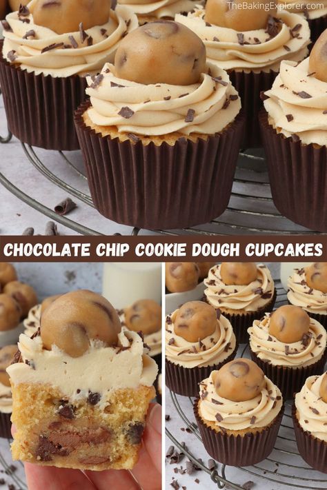 Recipe for Chocolate Chip Cookie Dough Cupcakes - chocolate chip cupcakes with a cookie dough centre, brown sugar buttercream and more cookie dough on top! #thebakingexplorer #cookiedough #chocolatechipcupcakes #cookiedoughcupcakes #cupcakerecipe Choc Chip Cupcakes, Cookie Dough Cupcakes Recipe, Funfetti Cupcake Recipe, Brown Sugar Buttercream, Chocolate Chip Cookie Dough Cupcakes, Cookie Dough Cupcakes, Chocolate Chip Cupcakes, Dairy Free Chocolate Chips, Cookie Dough Recipes