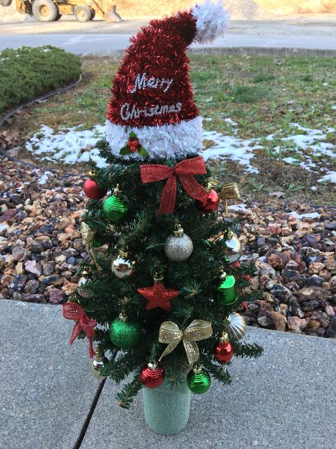 Cemetery Christmas Tree~Santa Hat~Grave Decoration~Artificial Tree~Styrofoam Vase Insert~Graveside~READY TO SHIP~In Loving Memory Christmas Tree For Cemetery Vase, Cemetary Christmas Decorations Diy, Christmas Grave Decorations Cemetery, Cemetery Christmas Tree, Grave Wreaths, Cemetery Wreaths, Grave Arrangements, Grave Ideas, Graveside Flowers