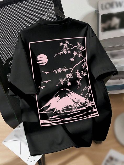 Black Casual Collar Short Sleeve Knitted Fabric   Embellished Slight Stretch  Teen Boys Clothing Minimalist Scenery, Shirts For Teens Boys, Japanese Shirt, Japanese Tshirt, Teen Boy Outfits, Aesthetic Shirts, Shirts For Teens, Painted Clothes, Tee Shirt Designs