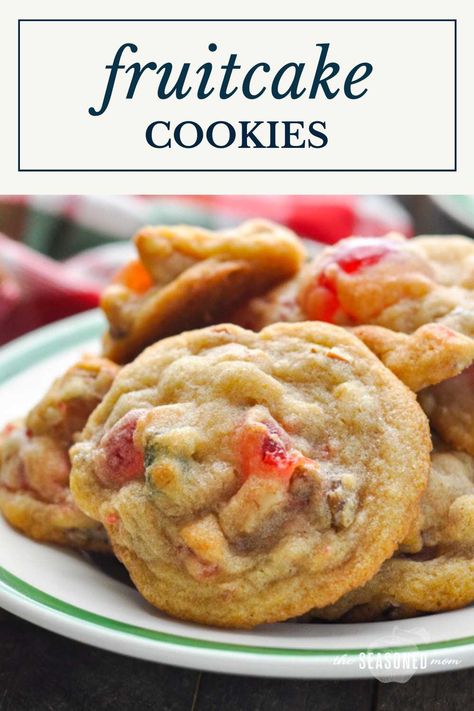 So much better than the old-fashioned cake! These easy fruitcake cookies are a beautiful, festive addition to your holiday dessert tray. Spike them with alcohol or omit the booze, kids of all ages will devour these treats! Fruitcake Cookies Recipe, Fruit Cake Cookies Recipe, Christmas Dessert Tray, Fruitcake Cookies, Crumble Cookie Recipe, Fruit Cake Cookies, Holiday Baking Christmas, Christmas Baking Cookies, Best Christmas Cookie Recipe