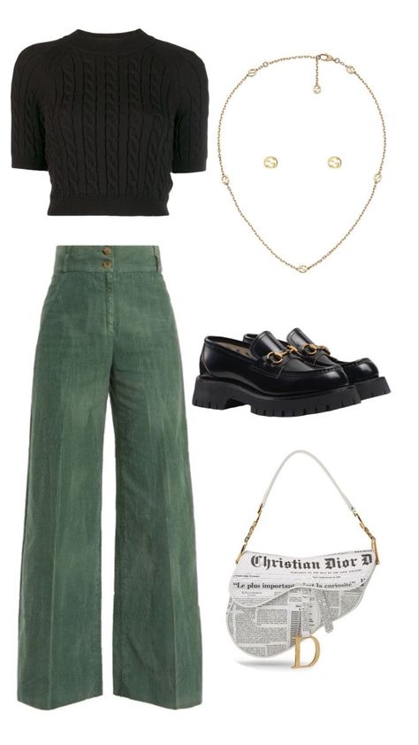 Green pants. Black shirt. Dior Cute Fall Looks, Winter Typ, Green Pants, Mode Inspo, Look Younger, Mode Inspiration, Lookbook Outfits, Fall Looks, Looks Vintage