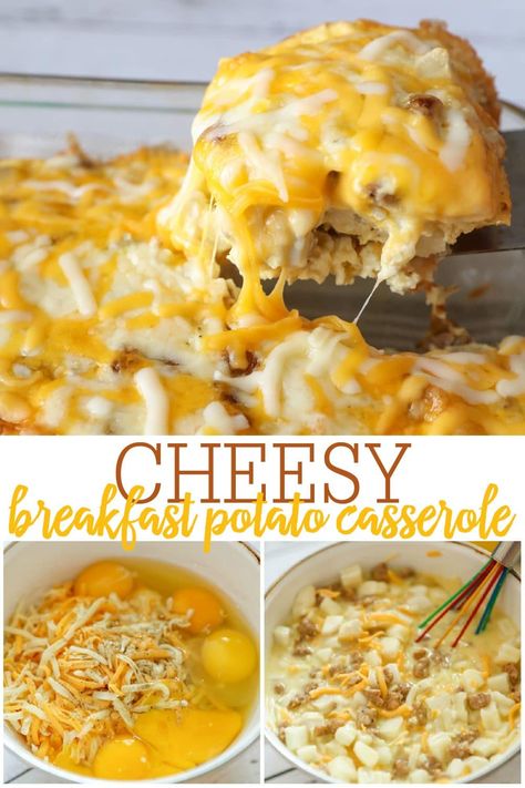 Cheesy Potato Breakfast Casserole - it takes minutes to make and is delicious!! Filled with eggs, milk, sausage, hash browns and cheese, this recipe will become a breakfast favorite. #cheesypotatobreakfastcasserole #breakfastcasserole #cheesypotatocasserole #breakfast #potato Easy Cheesy Egg Casserole, Hashbrowns Eggs Sausage Cheese, Frozen Potato Casserole Breakfast, Hashbrown Breakfast Casserole Cozy Cook, Cheesy Potato Egg Casserole, Egg Sausage Potato Breakfast Casserole, Easy Breakfast Casserole With Potatoes, Hashbrown Egg And Cheese Casserole, Cheesy Eggs Casserole