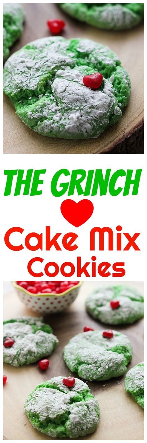 I made you guys The Grinch cake mix cookies! Cake mix cookies are a delicious treat but turn them green and add a heart for The Grinch and they're even better! Grinch Crinkle Cookies, The Grinch Cake, Grinch Cake, Cake Mix Recipe, Grinch Cookies, Cake Mixes, Cookies Cake, Oreo Dessert, Crinkle Cookies