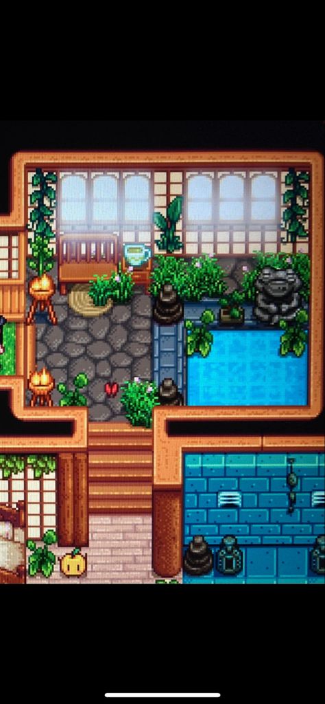 Stardew Valley Farm Layout House, Sdv House Ideas, Stardew Valley Painting Buildings, Joja Mart Stardew Valley, Stardew Valley Greenhouse Ideas, Stardew Cottagecore House, Stardew Home Interior, Stardew Valley Shipping Bin Layout, Stardew Fish Pond Layout