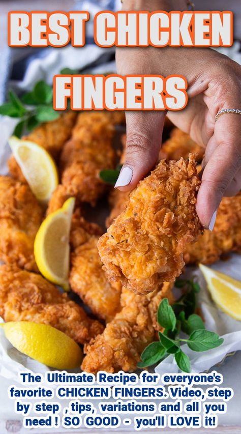 These Chicken Fingers are an easy, quick and satisfying way to get your fast food fix. The fried chicken is perfectly spiced and very moist with a delicate and crispy crust that turns every bite into an adventure! Serve for parties as and easy finger food #fingerfood, #partyrecipes, #chickenfingers How To Make Chicken Fingers, Airfryer Chicken Fingers, Canes Recipe Chicken Fingers, Crispy Chicken Fingers Baked, Chicken Crispers Recipe, Crispy Chicken Fingers Fried, Breaded Chicken Fingers, Easy Chicken Finger Recipes, Best Chicken Fingers Recipe