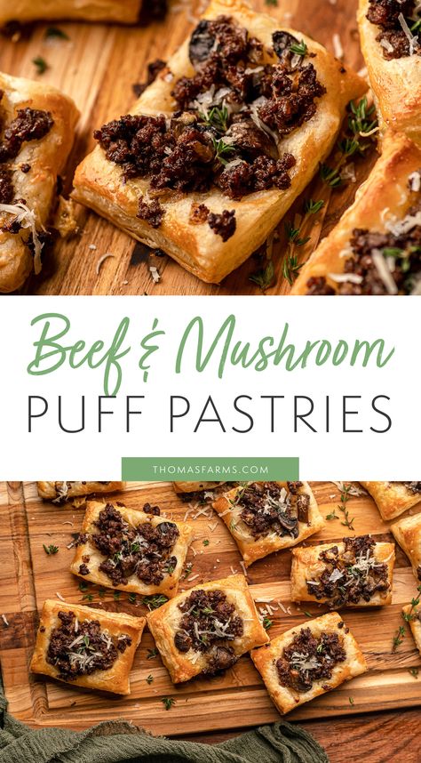 Tempt your taste buds with our Ground Beef and Mushroom Puff Pastries. Sautéed onions and mushrooms mingle with savory ground beef, infused with aromatic thyme and a touch of balsamic vinegar. Encased in flaky puff pastry, these golden parcels emerge from the oven, radiating warmth. With a sprinkle of Gruyere cheese, each bite is a delightful combination of flavors, making these pastries a cozy, comforting treat for crisp autumn days. Click to see the full recipe! Ground Beef Puff Pastry Recipes, Beef Mushroom, Sautéed Onions, Puff Pastries, Savory Pastry, Crisp Autumn, Gruyere Cheese, Puff Pastry Recipes, Beef Recipes Easy