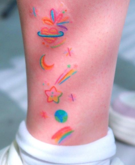 Pastel Tattoo Sleeve, Kidcore Tattoo, Colorful Small Tattoos, Cute Colorful Tattoos, Pastel Tattoos, Pastel Tattoo, Small Colorful Tattoos, Colorful Tattoos, Rainbow Tattoos