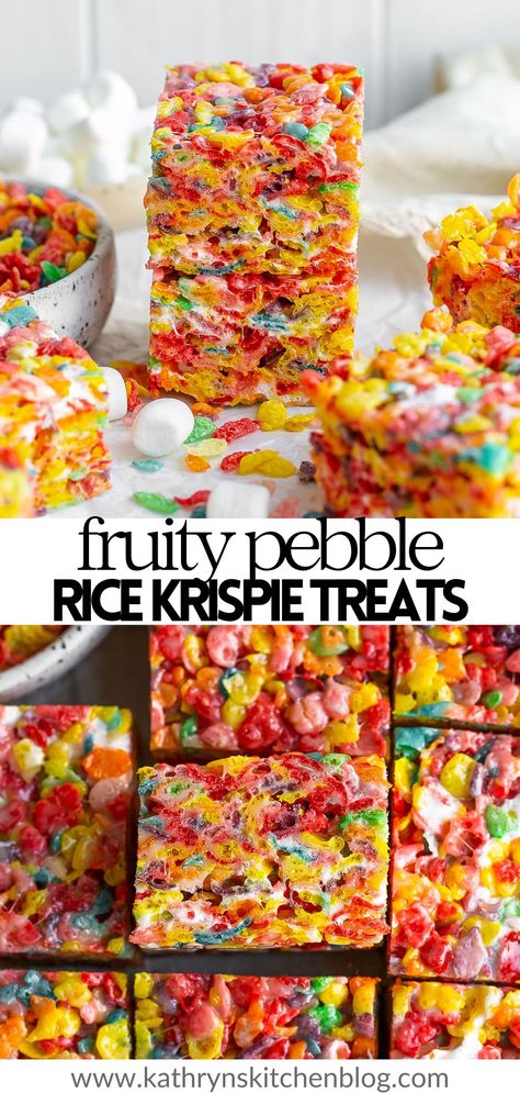 Fruity Pebbles Marshmallow Treats are a fun twist on classic rice krispie treats! Loaded with fruity flavors and lots of gooey marshmallows. These are quick treats to make and perfect for any occasion, party, or time of year! Fruity Peddles Treats, Quick Treats To Make, Marshmallow Treats Recipe, Fun Rice Krispie Treats, Fruity Pebble, Homemade Toffee, Treats To Make, Quick Treats, Lunchbox Treats