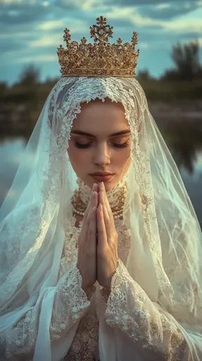 ↑↑↑ Larger size on website 🔸 A woman wearing a white veil and a golden crown, with her hands clasped in prayer. She is dressed in Surrealistic Photography, Veil And Crown, Prayerful Woman, Mission E, White Veil, Queen Esther, White Veils, Woman In White, Golden Crown