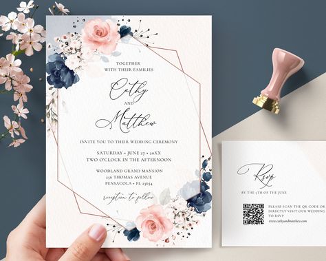 Blush Pink And Navy Blue Wedding Invitations, Blue And Blush Pink Wedding, Pink Wedding Invitation Template, Blush Pink Wedding Invitations, Pink Wedding Invitation, Quince Invitations, Wedding Aesthetics, Blush Pink Wedding, Makeup Images