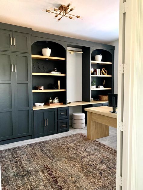 Office Closet Built In, Office Built Ins L Shape, L Shaped Built In, Office Built Ins Corner, Corner Desk Built In, Oak Office Built Ins, Wood Stained Built Ins, Stained Office Built Ins, Ikea Cabinet Inti A Builtin