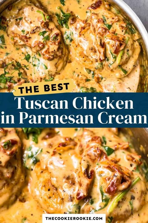 Succulent Tuscan Chicken in a dreamy, creamy Parmesan sauce. This delightful dish is packed with spinach, sun-dried tomatoes, garlic and loaded with flavor! Thanks to @danishcreamery European Style Butter, this buttery parmesan cream sauce is so amazing, you’ll be making this time and time again. Creamy Sauce For Chicken, Tuscan Chicken Recipe, Creamy Parmesan Sauce, Creamy Chicken Enchiladas, Parmesan Cream Sauce, Creamy Parmesan, Tuscan Chicken, Parmesan Sauce, Chicken Main Dishes