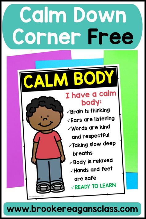 Free calm down corner visual for students. Teaching what it means to have a clam body and appropriate ways to behave in the classroom. Free visual poster and teaching tool for teachers to use to help promote a positive classroom climate that is safe for all to learn. Behavior Visuals, Calm Down Strategies, Classroom Behavior Management System, Self Regulate, Emotional Activities, Teaching Empathy, Classroom Needs, Behavior Management System, Calming Corner