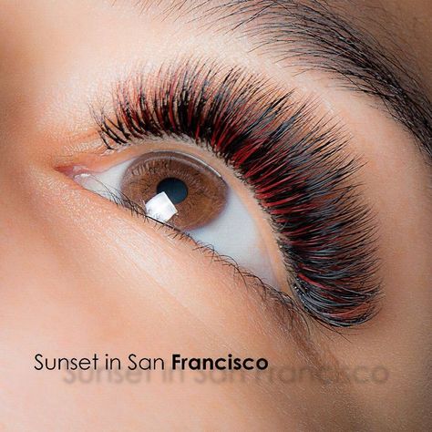 Beautiful red and black eyelash extensions by Eva Bond studios Color Lashes Extensions, Eyeliner For Almond Eyes, Natural Eyelash Growth, Eyelash Extensions Aftercare, Extensions Eyelash, Color Lashes, Diy Eye Cream, Permanent Eyelashes, Lash Extentions