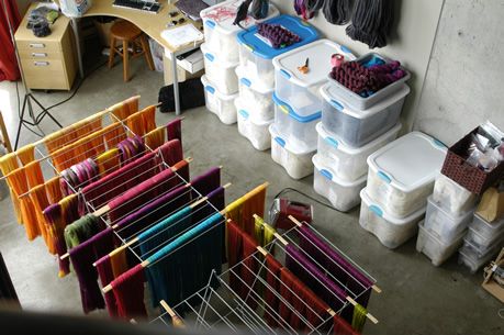 yarn drying racks in Sweet Georgia's dye studio Dyeing Yarn, Craft Shed, Spinning Wool, Studio Organization, Dream Studio, Workspace Inspiration, Year One, Spinning Fiber, Yarn Store