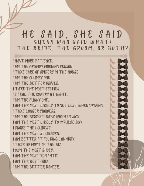 She Said Oui Bridal, He Said She Said Bridal Shower Game, He Said She Said Questions, Unique Bridal Shower Games, Wedding Game, Fun Bridal Shower Games, Couples Bridal Shower, Bridal Shower Planning, Madison Wedding