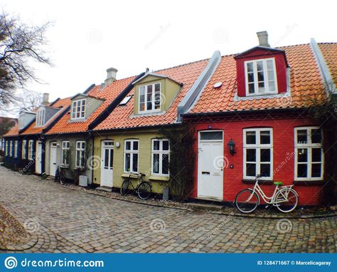 Photo about Cute traditional colorful little houses in the Old part of Aarhus in Denmark. Image of denmark, cute, danish - 128471667 Houses In Denmark, Curvilinear Perspective, Funky Buildings, Danish Homes, Denmark Christmas, Denmark House, Cabin Houses, Norwegian Architecture, Danish House