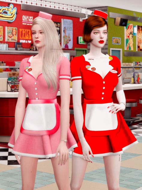 Roli Cannoli CC Findz Corner — rimings:     [RIMINGS] Retro Dinner Waitress... Sims 4 Diner Uniform, Sims 4 Waiter Outfit Cc, Sims 4 Waitress Outfit, Waitress Uniform Vintage, Sims 4 Cafe Cc, Female Waitress, Fem Clothing, Waiter Outfit, Sims 4 Restaurant