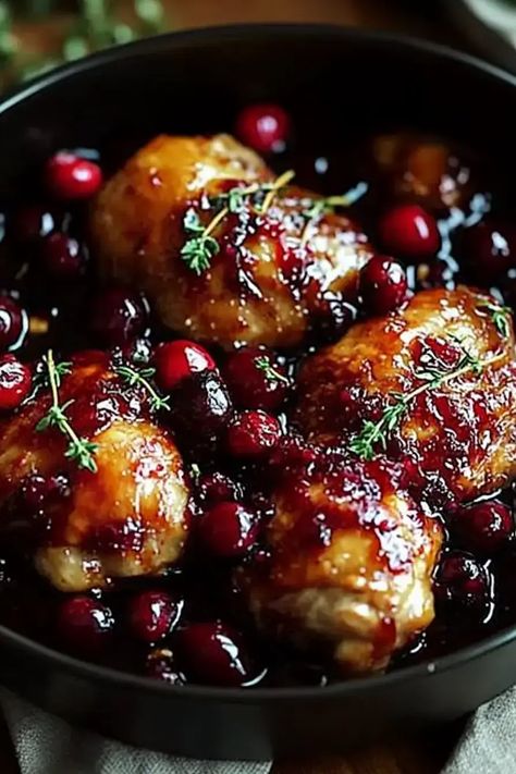 Cranberry-Glazed Chicken: Tender, juicy chicken with a sweet-tangy cranberry glaze—perfect for cozy dinners! Try it tonight! Maple Cranberry Chicken, Chicken And Cranberry Sauce Recipes, Chicken Pomegranate Recipes, Cranberry Sauce Chicken, Chicken Christmas Recipes, Cranberry Glazed Chicken, Recipes For Cranberries, Christmas Dinner Ideas Chicken, Cranberry Chicken Baked