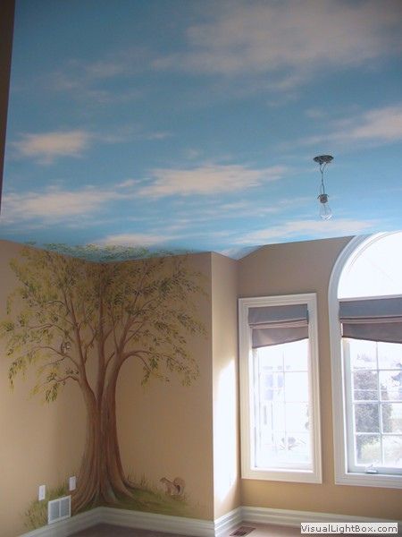 Tree Mural with Painted sky ceiling by rlazzaro, via Flickr Painted Sky Ceiling, Tree Mural Kids, Cloud Ceiling, Sky Ceiling, Whimsical Tree, Painted Sky, Kids Room Murals, Diy Space, Tree Mural