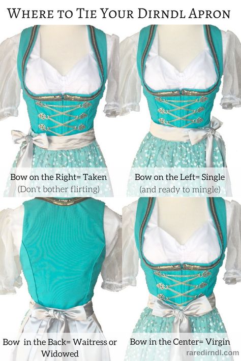 http://www.raredirndl.com where to tie your apron ties German Culture Clothing, Octoberfest Outfits, Museum Statues, Royal Robes, Drindl Dress, German Costume, Oktoberfest Costume, German Outfit, Dirndl Outfit