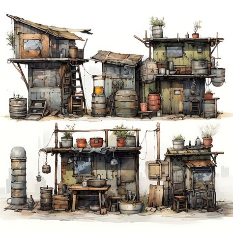 Premium Photo | Watercolor Cottage of Scrap Metal Shanties Repurposed Tire Planters Bold Industria Art 2D Vector Shanty Town Concept Art, Fallout Architecture, Apocalypse House, Steampunk Building, Punk House, Watercolor Cottage, Repurposed Tire, 9 Aesthetic, Apocalypse Landscape