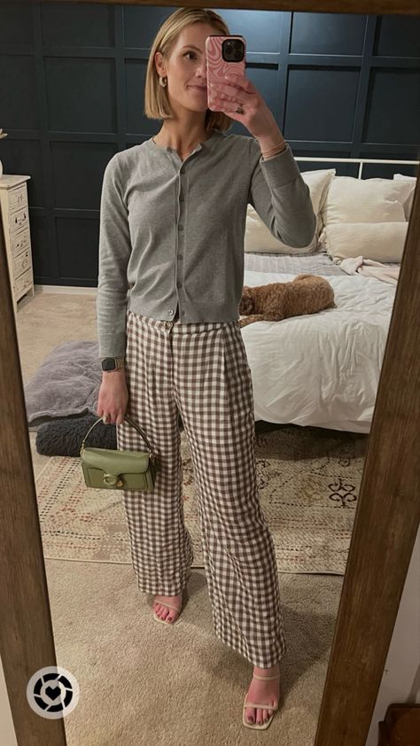 Gingham pants, summer sandals, coach shoulder bag Gingham Pants Outfit, Pisces Sun, Casual Spring Outfit, Spring Heels, Gingham Pants, Blue And White Gingham, Pants Summer, Pants Outfits, Young Professional