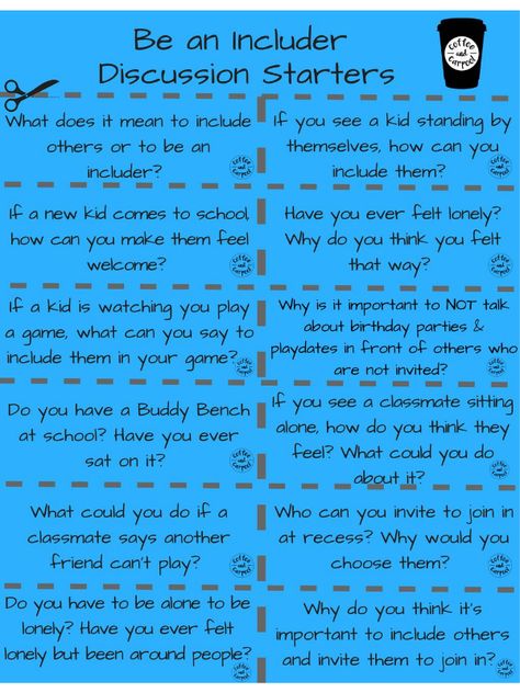 Teach kids how to be kind with these kindness freebie printable: kindness discussion starters. Over 60 conversation starters to use for classrooms in morning meetings or for sel curriculum. Or use at home for family dinner conversations or to connect as a family. These Includer Discussion Starters help kids learn how and why they should include others. Social Emotional Curriculum, Social Skills Groups, Kindness Activities, Discussion Starters, Morning Meetings, Empowering Girls, Parenting Teenagers, Therapeutic Activities, To Be Kind