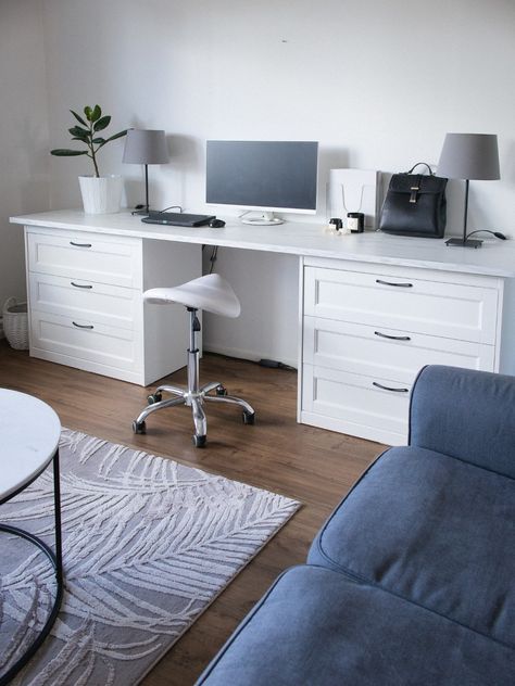 Home Office Setup Ikea, Desk Between Two Dressers, Desk And Drawers Combo, Desk Dresser Combo Small Spaces, Dresser Desk Combo Small Spaces, Desk Dresser, Small Bedroom With Desk And Dresser, Songesand Desk Hack, Ikea Hack Desk And Dresser Combo