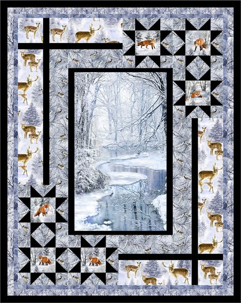 Timeless Treasures | Winter Hike – Forest Finds Panel Quilts Ideas Layout, Panel Quilts Ideas, Attic Window Quilts, Wildlife Quilts, Panel Quilt Patterns, Winter Hike, Fabric Panel Quilts, Visual Memory, Patriotic Quilts