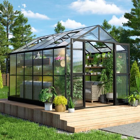 PRICES MAY VARY. 8x12x7.5FT Hobby Greenhouse & Sunroom：6mm Twin-wall translucent PC panels(UV Protection 99.99%)，perfect for raising seedlings or heat-loving plants. Upgraded 5.2FT wall height, easy to access, and no need to bend over. Walk-in Greenhouse for Better Ventilation: Keep both 2 swing doors (with door hook)and 4 four-level adjustable roof vents open can let in more fresh air while managing excess moisture for the backyard greenhouse. Solid Material & Foundation: Heavy duty greenhouse Winter Sunroom, Greenhouse Winter, Sunroom Greenhouse, Aluminium Greenhouse, Winter Greenhouse, Hobby Greenhouse, Lean To Greenhouse, Walk In Greenhouse, Polycarbonate Greenhouse