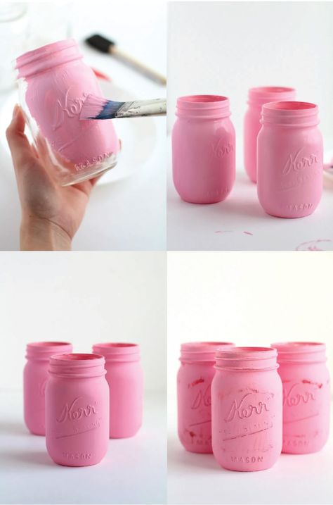 Chalk Paint Jars, Painted Mason Jars Diy, Paint Mason Jars, Mason Jar Gifts Diy, Chalk Paint Mason Jars, Diy Valentine's Day Decorations, Mason Jar Projects, Jar Centerpieces, Valentine Gifts For Kids