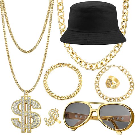 PRICES MAY VARY. 80S 90S OUTFIT FOR MEN: Our rapper jewelry costume includes rapper gold chain, 2 hip hop rings, money sign necklace, rapper hat, hip hop sunglasses and 2 rapper bracelet. Hip hop accessories cater to people who like or want to experience rap and hip hop culture. Our gold rapper set can be used in 90s costume for men and women. Men's costume accessories are excellent choice for giving HIP HOP COSTUME: The hiphop costume is cast from quality materials. The dollar sign necklace inl 80s Hiphop Outfit, Rapper Bracelet, Hiphop Costume, Rapper Hat, Rapper Costume, Hip Hop Sunglasses, 90s Accessories, Hip Hop Accessories, Dance Props