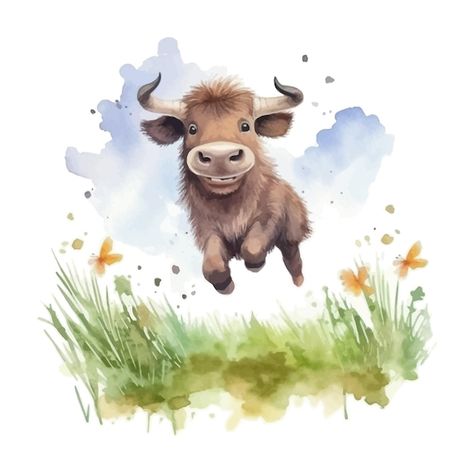 Vector cute buffalo cartoon in watercolo... | Premium Vector #Freepik #vector #buffalo #creature #flora-fauna #fauna Cute Buffalo Tattoo, Buffalo Illustration, Buffalo Cartoon, Buffalo Tattoo, Cute Buffalo, Baby Buffalo, Buffalo Art, Flora Fauna, Cartoon Clip Art