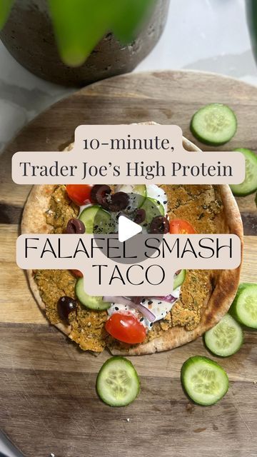 10-Min, High Protein, Vegetatian Falafel Smash Taco using almost every ingredient from @Trader Joe’s ! So easy, so fast, and so delicio... | Instagram Vegetarian Falafel, Tzatziki Dip, Falafel Mix, Everything But The Bagel Seasoning, Falafel Wrap, 20g Protein, Everything But The Bagel, Vegetarian Tacos, Persian Cucumber