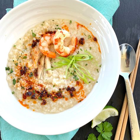 Shrimp & Chicken Congee Chicken Congee, Congee Recipe, Savory Oatmeal Recipes, Savory Oatmeal, Savory Rice, Porridge Recipes, Chicken And Shrimp, Stuffed Whole Chicken, Baked Banana