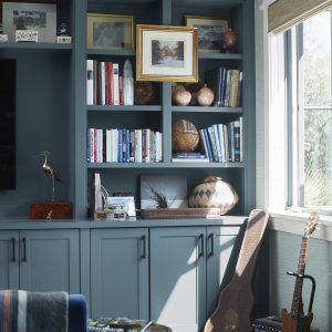 Benjamin-Moore-Spellbound-1659 Dusty Blue Paint, Blue Paint Colors, Benjamin Moore Paint, Interior Paint Colors, Benjamin Moore, Blue Paint, Interior Paint, Dusty Blue, Corner Bookcase