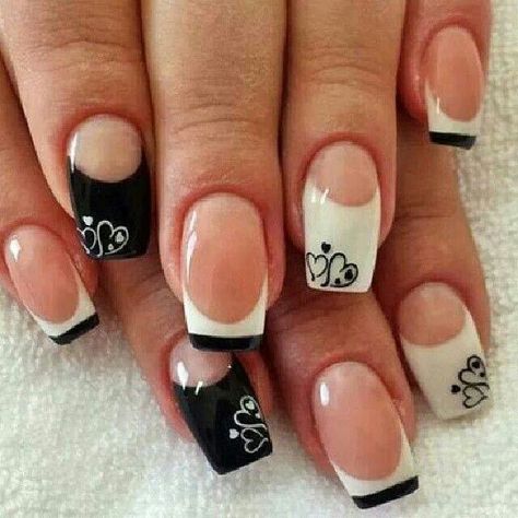 This black and white with hearts design is cute and simple for Valentine's day or any day! Heart Nail Designs, Cute Nail Art, Heart Nails, Cute Nail Designs, Nail Art Inspiration, Fancy Nails, Creative Nails, Cool Nail Art, Gorgeous Nails