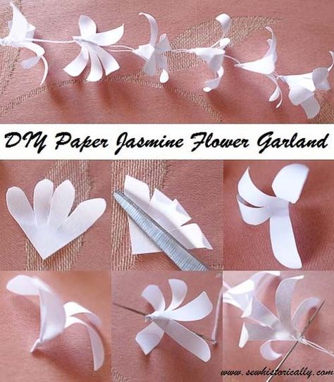 DIY Indian Paper Jasmine Flower Garland – Tutorial | Sew historically Paper Garlands Diy, Paper Curtains Diy, Diy Jasmine Flower, Jasmine Flower Decoration, Paper Jasmine Flower, Room Crafts Diy Decor, Diy Ceiling Decor, Paper Art Flower, Jasmine Flower Garland