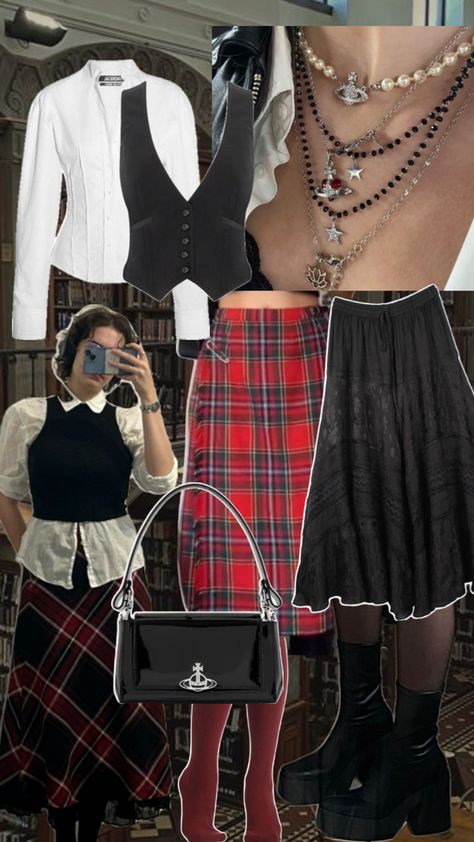 Vivienne Westwood inspired outfit, perfect for fall or winter Red Checkered Skirt Outfit, Checkered Skirt Outfit, Outfit With Vest, Checkered Skirt, Red Checkered, Skirt Outfit, Layering, Skirt, Red