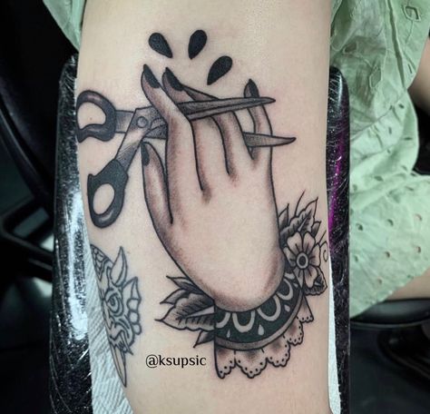 Hand Holding Scissors Tattoo, American Traditional Scissors, Scissors Tattoo Traditional, Paintbrush Tattoo, Shoe Tattoos, Recipe Aesthetic, Hair Shears, Neo Traditional, American Traditional