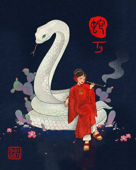 Prompt n. 6 of Asiatober - Snake 🐍 The Snake is the sixth animal in the Asian zodiac, known for its wisdom, intuition, and elegance. People born under this sign are often perceived as deep thinkers, mysterious, and graceful. They have a natural charm and a knack for making calculated decisions, often seeing through situations with great clarity. The Snake’s personality is complex; they are introspective, analytical, and sometimes secretive. But they are also known for their calm demeanor an... Year Of The Snake Background, Snake Woman Drawing, Chinese Snake Art, Year Of The Snake Art, Snake Year 2025, Year Of The Snake 2025, Nure Onna, Snake Colors, Woman With Snake