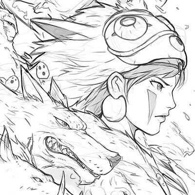 ArtStation - Princess, Vadim Marchenkov Princess Monoke Art, Studio Ghibli Manga Panels, Princess Mononoke Sketch, Princess Mononoke Painting, Princess Mononoke Drawing, Moro Princess Mononoke, Studio Ghibli Sketch, Studio Ghibli Drawings, Max Zhang