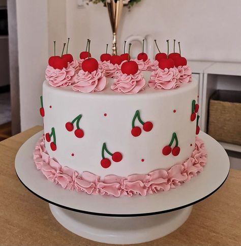 Cherry Bakewell Birthday Cake, She’s The Cherry On Top Baby Shower Theme, Shes The Cherry On Top Theme, She’s The Cherry On Top Theme, Cherry On Top Birthday Theme, Cherry Bday Theme, Cherry Themed Cake, Cherry Decorations Party Ideas, Cherry Theme Cake