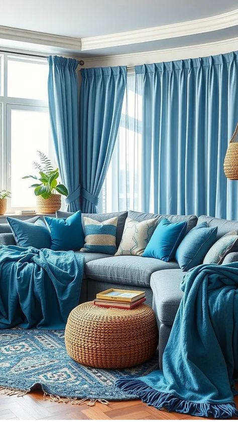 Cozy living room with blue curtains, sofa, and pillows, accented by a woven ottoman and potted plant. Color Living Room Ideas, Blue Living Room Decor Ideas, Blue Sofa Living Room Ideas, Living Room Ideas Elegant, Living Room Ideas For Men, Blue Sofa Living Room, Room Ideas Elegant, Living Room Ideas Blue, Room Ideas Blue