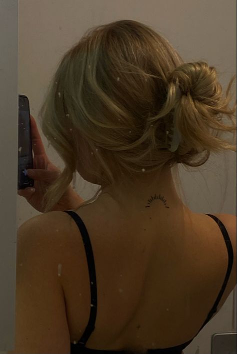 Sunshine Tattoo Back Of Neck, Back Neck Sun Tattoo, Small Tattoo Back Of Neck, Tiny Tattoos Back Of Neck, Sun Tattoo Placement For Women, Cold Shoulder Tattoo, Sun Tatoos Behind The Ear, Sun Tattoo Behind Neck, Sun On Back Of Neck Tattoo