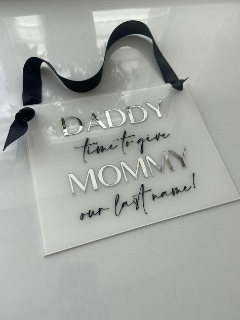 Acrylic Sign Flower Girl or Ring Bearer Wedding Ceremony Banner Sign for Son Daughter Daddy Here Comes Mommy Painted Daddy Time to Give Mummy Our Last Name  The cutest sign for your little one to carry down the aisle! Sign is 8x10 (20,3см*25,4 см). PLEASE NOTE THAT ADULT SUPERVISION IS RECOMMENDED FOR YOUNGER CHILDREN  If you are needing a different color ribbon for your wedding theme, don't hesitate to leave a comment in the "note to seller section". We do have a wide variety of ribbon colors t Signs For Son To Carry At Wedding, Here Comes My Mommy Sign Wedding, The Bride Is Coming Sign, Ring Bear Sign, Ring Bearer Signs Mommy, Creative Wedding Ceremony Ideas, Daddy Here Comes Mommy Sign, Daughter In Wedding, Wedding Daughter